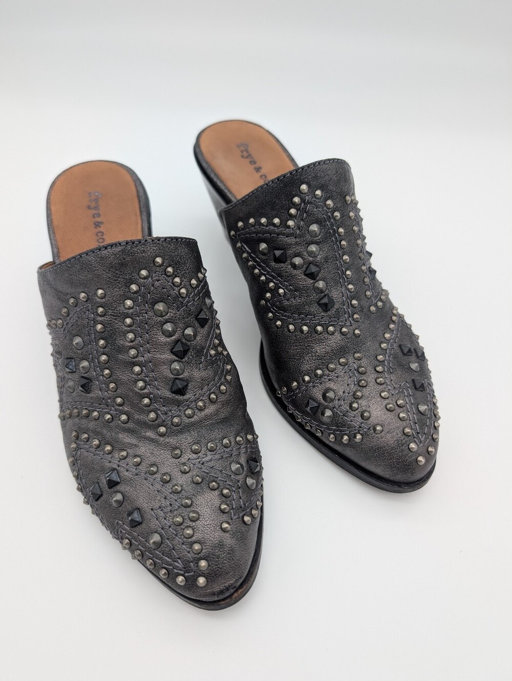 Frye & Co Phoenix Studded Heeled Mule Gray, Silver And Black 7.5M - Picture 2 of 11